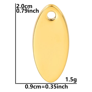 Macro detail of oval 18k gold plated pendant showing size 2.0cm length and 1.5g weight