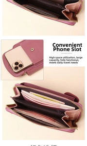 Detailed internal view of multi-compartment dusty pink phone wallet with coin pocket