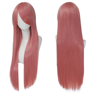 Front and back view of long pink cosplay wig with smooth heat resistant fiber