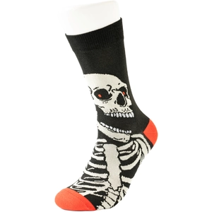 Detail of cotton crew socks with skull skeleton pattern and orange heel for Halloween