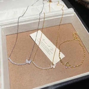 18k gold plated butterfly jewelry set with zircons and pearls including necklace and bracelet