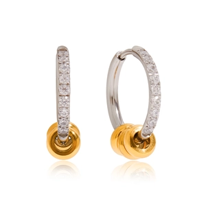 Luxurious gold and silver two-tone stainless steel hoop earrings with white crystals