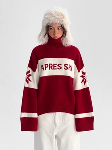 Women Oversized High Neck Knit Sweater Cotton Polyester Contrast Stripe Snowflake Letter Print Pullover Winter Ski Style