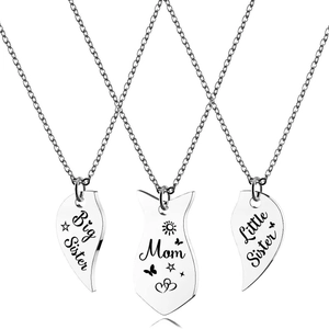 Three-piece puzzle heart necklace set with Big Sister, Mom, and Little Sister engraving