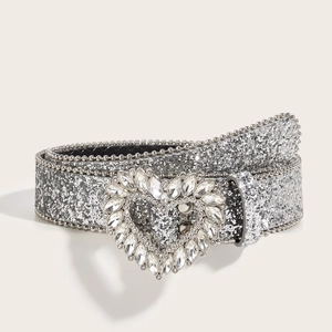 Silver glitter belt with rhinestone heart buckle and metallic beaded edges for women