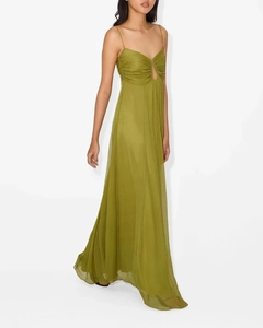 Detail of olive green maxi dress with U-shape cutout, waist pleats and flowy skirt