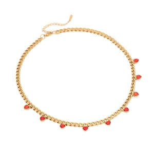 Golden stainless steel chain necklace with multiple red heart-shaped rhinestone pendants