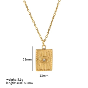 Detail showing 18K gold-plated stainless steel eye pendant with lava texture and dimensions