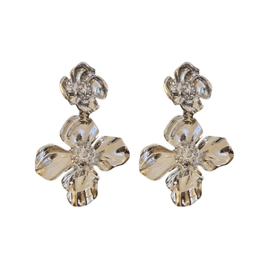 Elegant silver flower drop earrings with a polished metallic finish on a white background