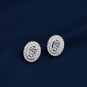 Elegant geometric oval halo stud earrings with silver plating and micro-paved crystals