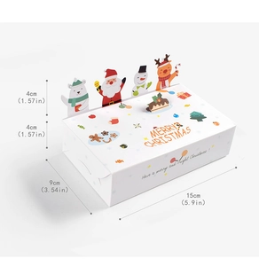 Three-dimensional Christmas gift box showing 15x9x4cm dimensions and holiday cartoon detail