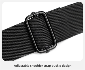 Close-up of adjustable nylon shoulder strap with sleek black metal buckle for chest bag
