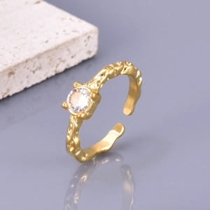 Hammered Texture Ring Stainless Steel 18K Gold Plated White Zircon Inlaid Adjustable Open Finger Jewelry For Women