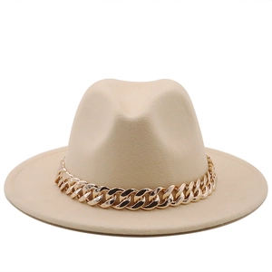 Close-up of beige wool jazz hat featuring a decorative thick gold metal chain detail