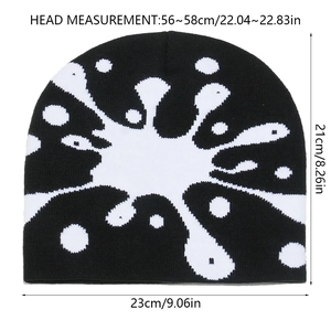 Detailed size measurement chart of the black and white splash pattern knit beanie cap