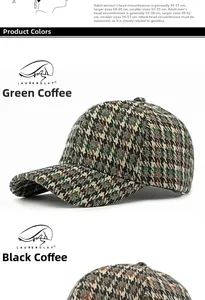 Detail of houndstooth wool baseball caps in green and black brown colors for autumn