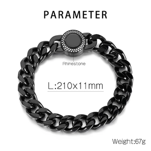 Detail view of 11mm black Cuban chain bracelet with rhinestone encrusted circular clasp