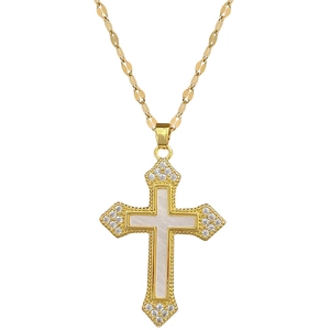 Gold titanium cross necklace featuring white shell inlay and sparkling crystals on chain