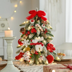 Mini Desktop Christmas Tree With LED Lights Snow Flocked PVC Wood Base Felt Ornaments For Holiday Home Decor