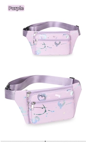 Close-up of purple oxford fabric waist bag showing multi-layer zippers and abstract patterns