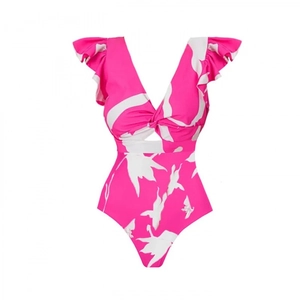 Rose pink one-piece swimsuit with white leaf print and ruffle flutter sleeves