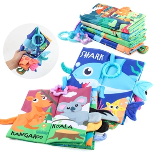 Set of baby sensory crinkle books with 3D animal tails and hanging rings for early learning
