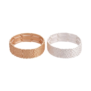Bracelets larges élastiques en métal avec textures géométriques en or rose et argenté