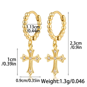 Detailed dimensions of gold S925 silver cross huggie earrings with cubic zirconia