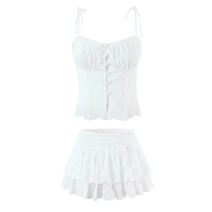 Women Camisole Top And Ruffle Skirt White Cotton Floral Embroidery Eyelet Hollow Out Lace Up Summer Beach Fashion