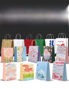 Detail of artistic daisy gift bags featuring oil painting style floral designs and handles