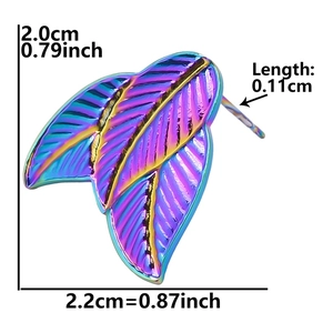 Rainbow leaf earring dimensions showing 2.0x2.2cm size and stainless steel texture details