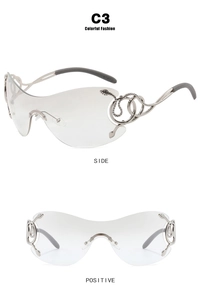 Detail of silver snake-shaped temples and rimless Y2K oversized sunglasses for women