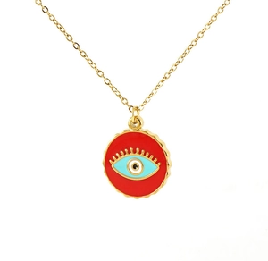 Detailed macro view of 18K gold-plated Evil Eye pendant with red and blue enamel detail