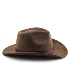 Detail of a brown suede cowboy hat with a burgundy braided leather belt buckle band
