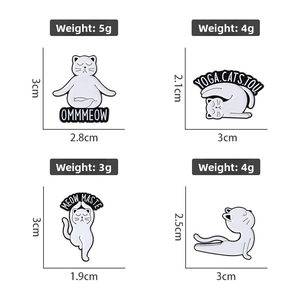 Detailed view of four white enamel cat yoga pins with dimensions and weight specs