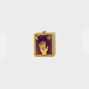 Vintage gold stainless steel tarot pendant with purple moon and star enamel details