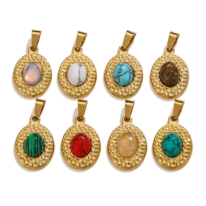 Eight oval gold metal pendants with colorful gemstone inlays and hammered texture edges
