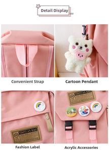 Pink nylon backpack details featuring bear pendant, embroidery logo, and cute acrylic charms