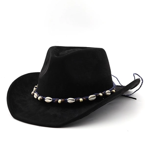 Detail of western cowboy hat with blue braided band, white shells and wooden beads