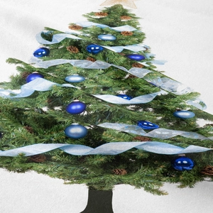 Detail of bohemian Christmas tree tapestry with blue ornaments and festive pine cones