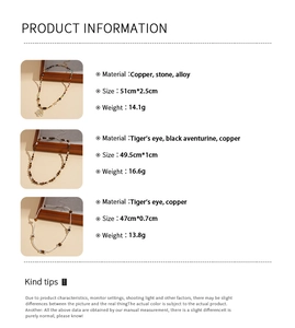 Detailed product information of tiger eye stone beaded necklaces with size and material specs