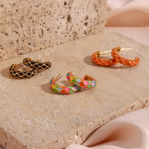 French vintage enamel hoop earrings with colorful checkered grid patterns in gold