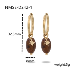 Gold-plated stainless steel star earrings with brown natural stone oval pendants