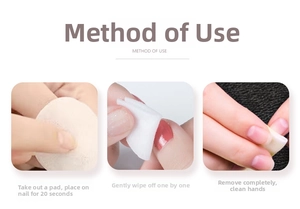 Three-step guide showing how to use disposable nail polish remover pads on fingernails