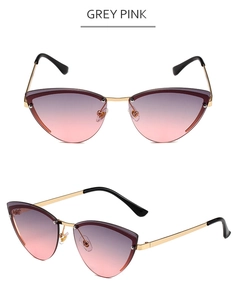 Detailed views of grey-pink gradient rimless cat eye sunglasses with gold metal frames