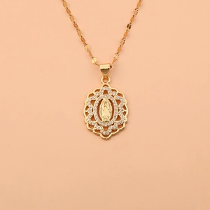 Virgin Mary portrait pendant necklace in gold finish with sparkling cubic zirconia stones