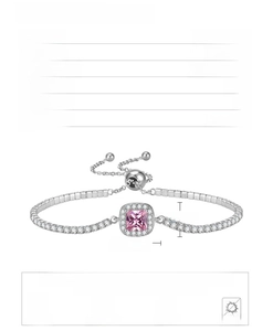 Detailed view of square pink zircon bracelet with adjustable sliding box chain and dimensions