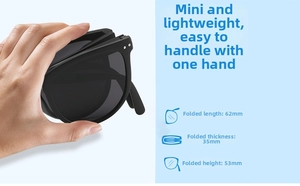 Detailed view of compact foldable black sunglasses showing 62mm by 53mm mini dimensions