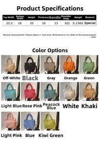 Detailed chart showing size dimensions and 13 color options for corduroy tote bags