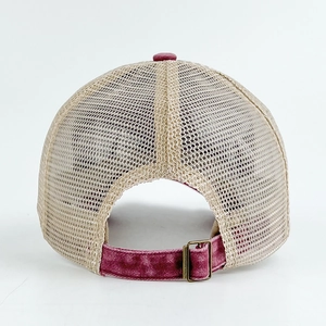 Rear view of vintage washed trucker hat with beige mesh and burgundy adjustable strap